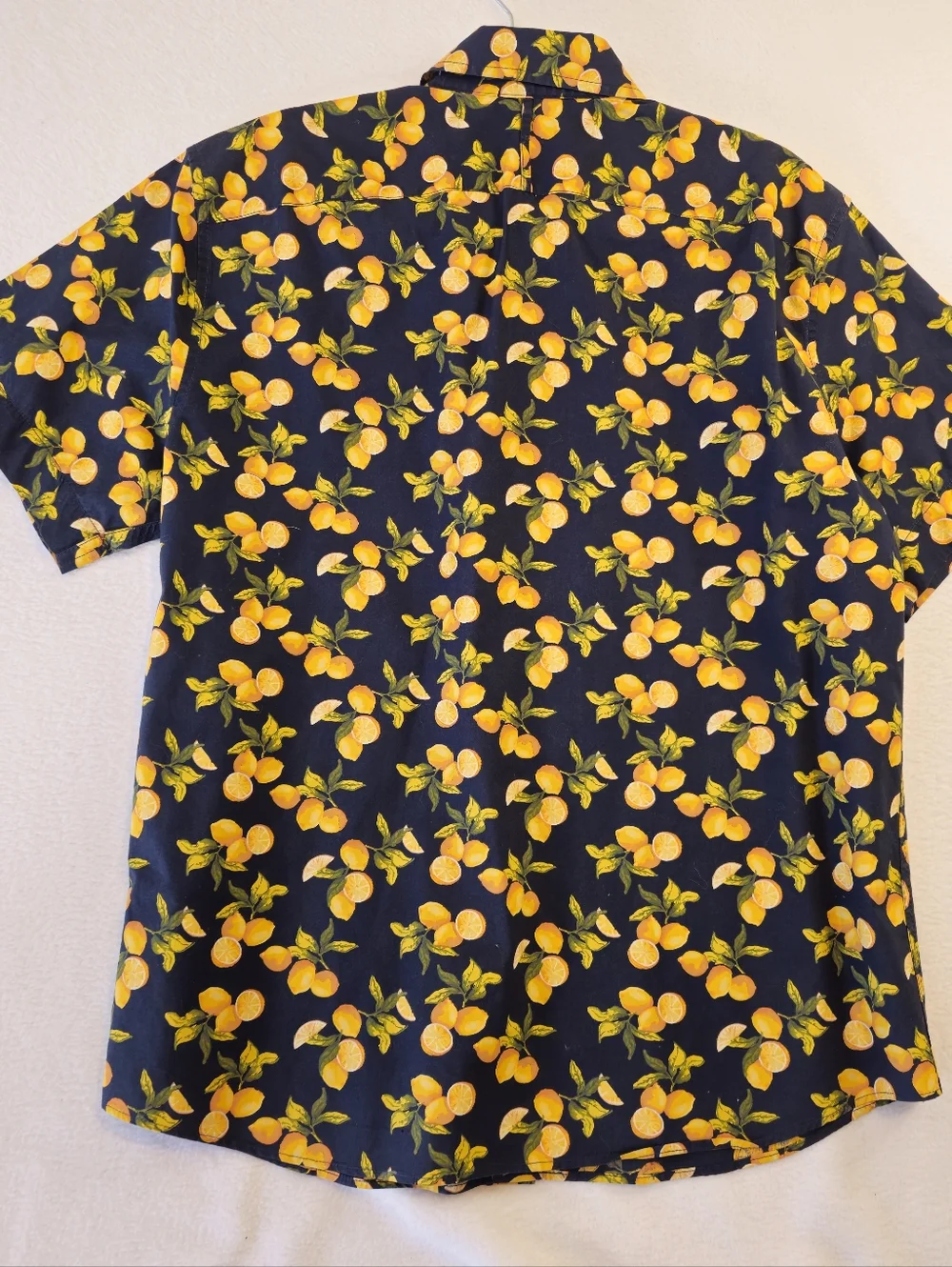 Banana Republic Short-Sleeve Navy Lemon Print Shirt Luxe Stretch Poplin Size L
